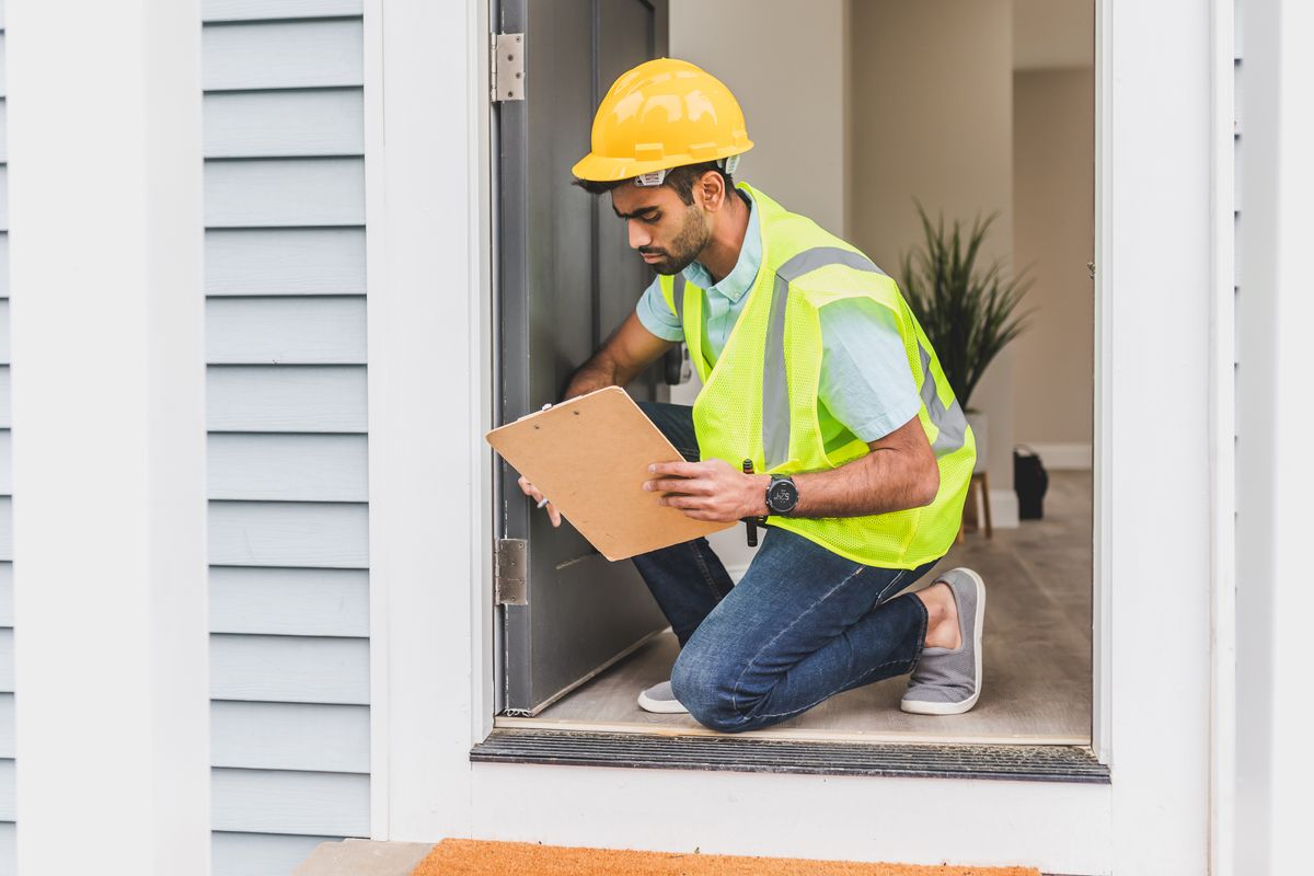 A property inspector in a hard hat reviewing a checklist in a doorway